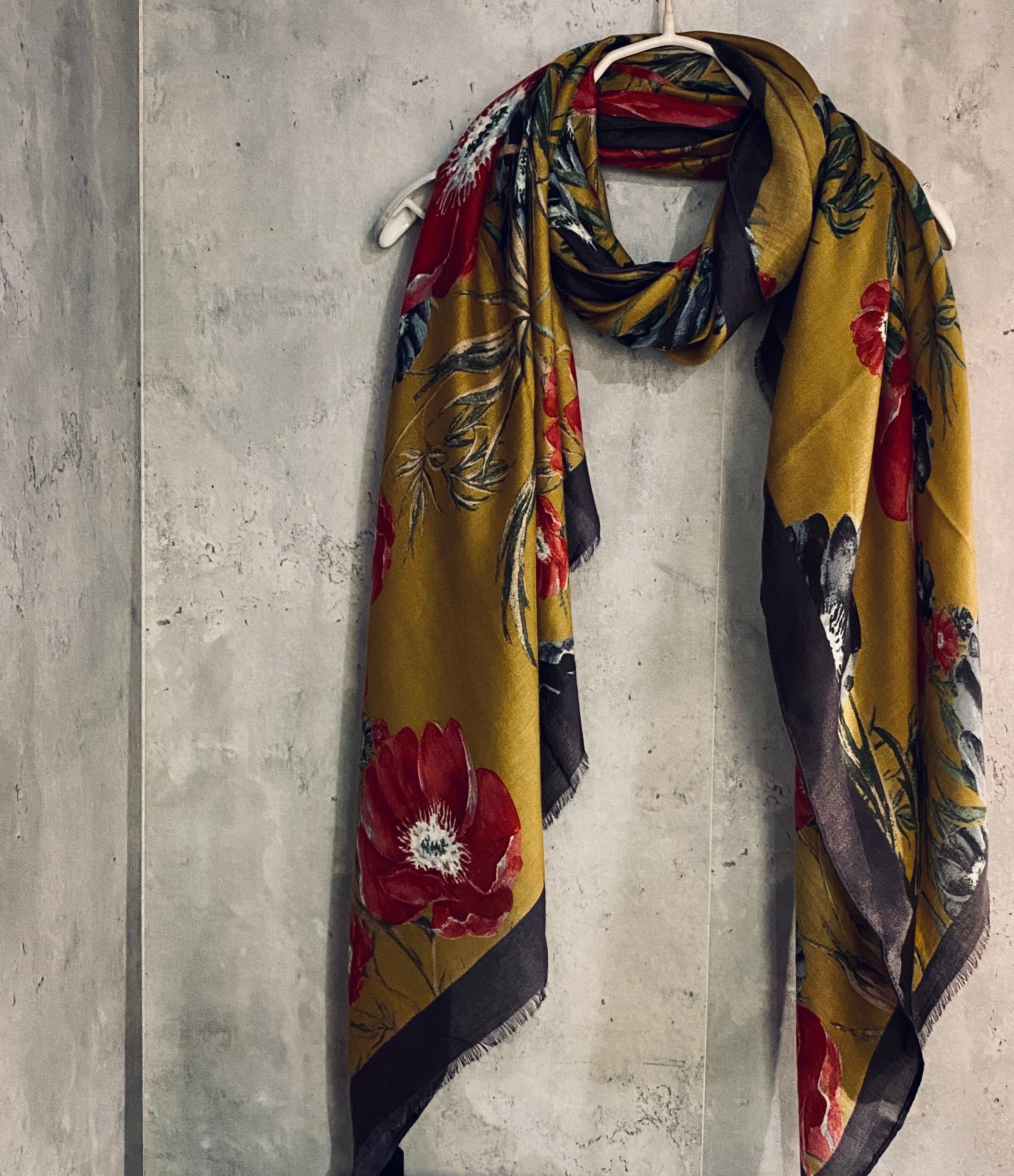 Vintage Poppy Flower Scarf with Black Trim in Golden Brown.
