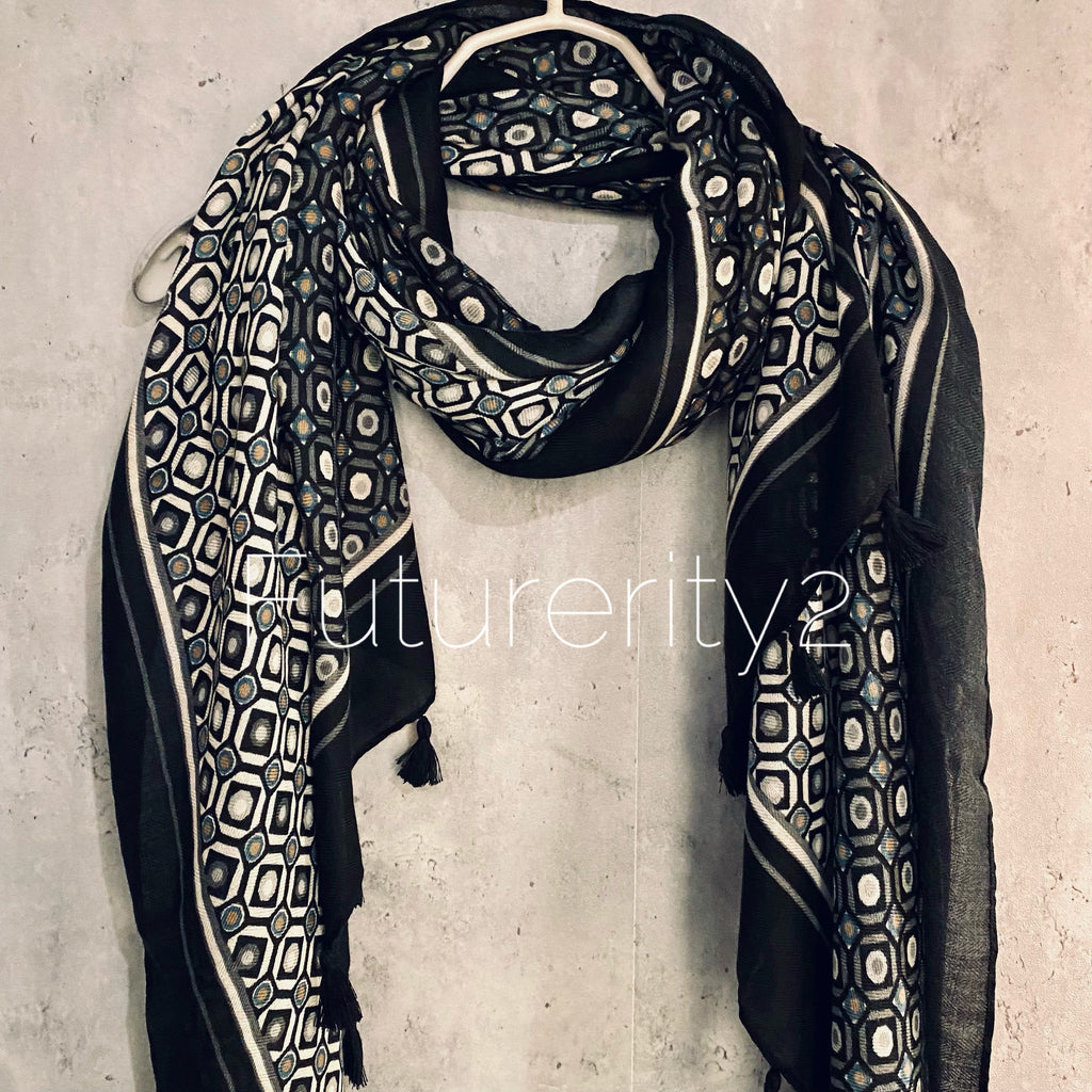 Moroccan Tiles inspired With Tassels Black Cotton Scarf