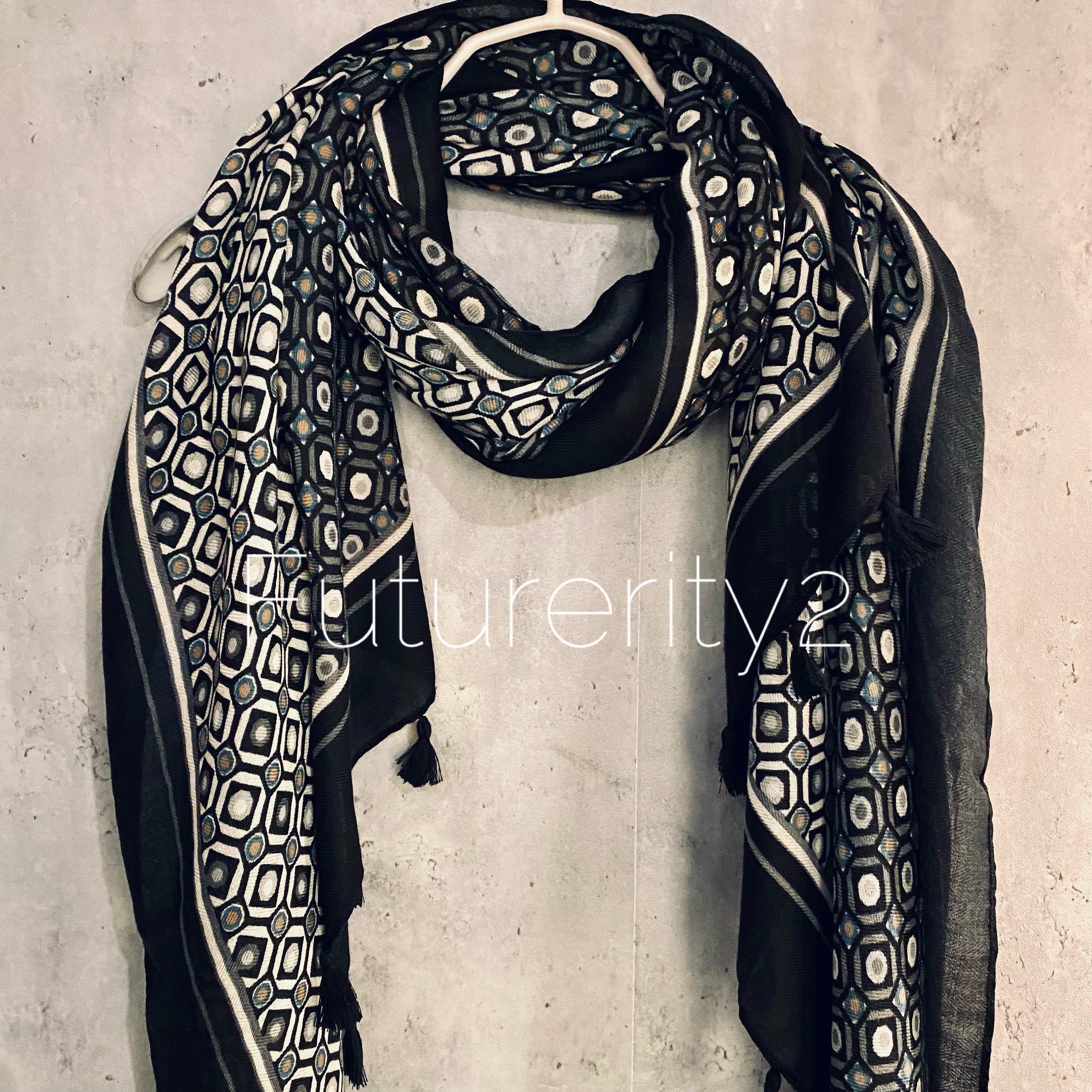 Moroccan Tiles inspired With Tassels Black Cotton Scarf