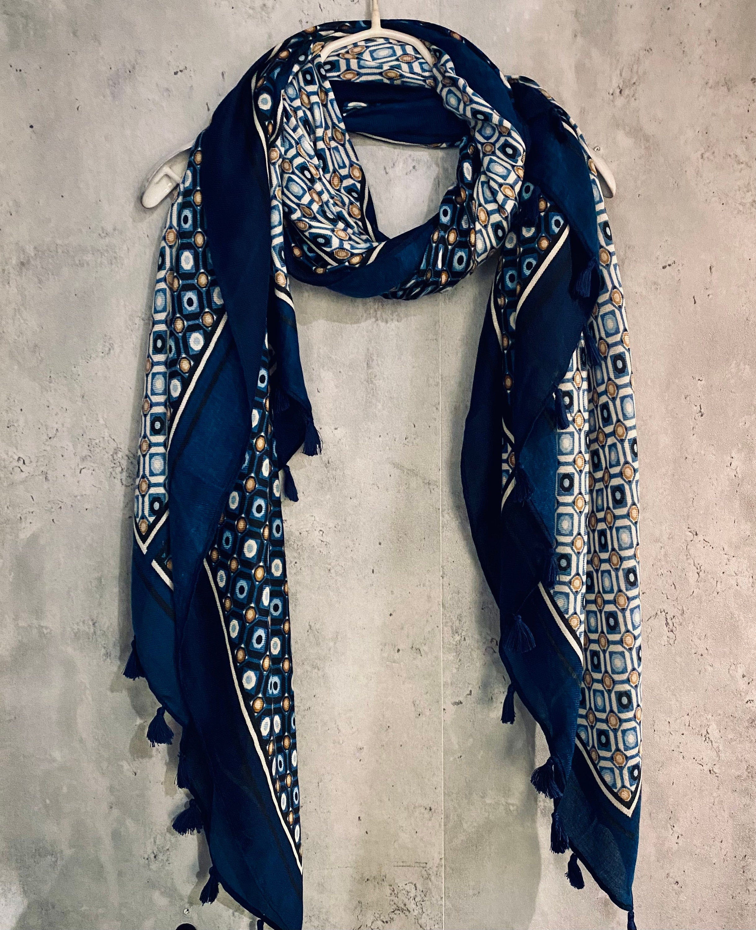Moroccan Tiles inspired With Tassels Blue Cotton Scarf