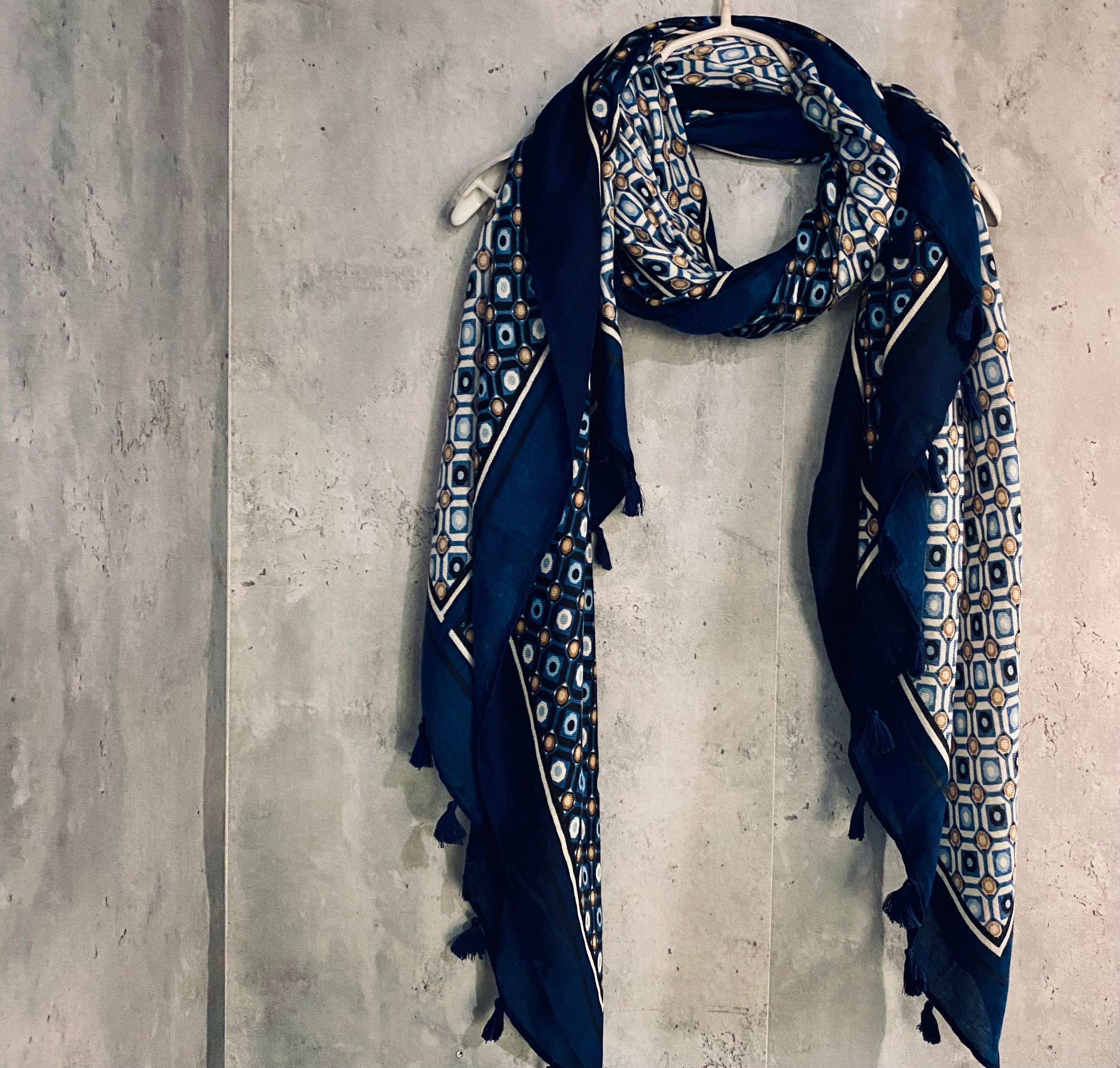Moroccan Tiles inspired With Tassels Blue Cotton Scarf