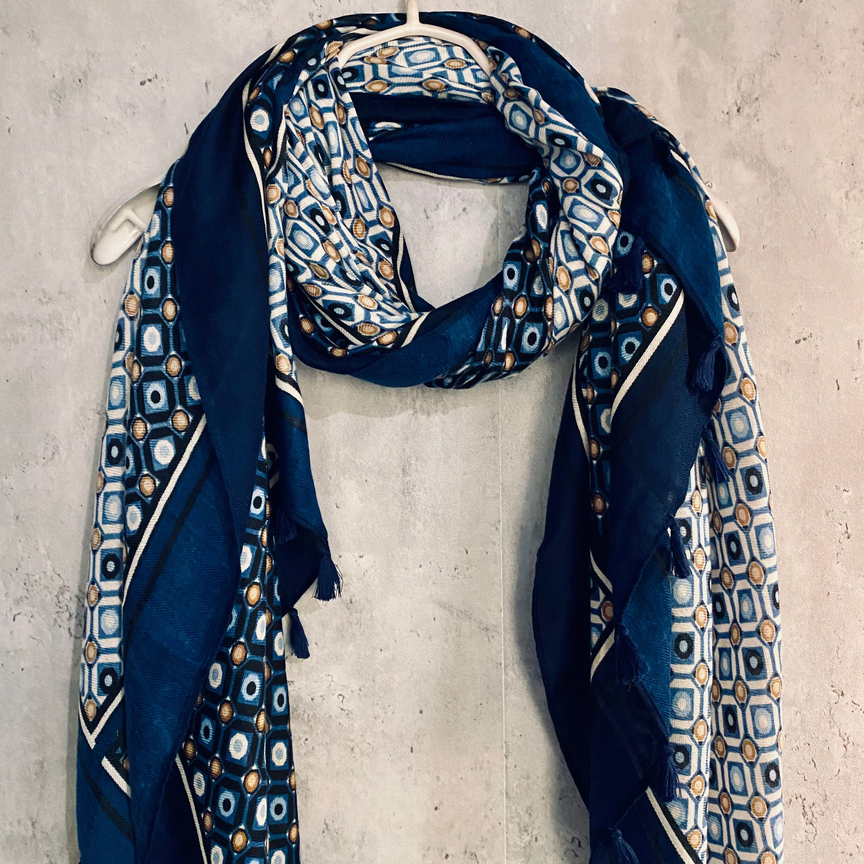 Moroccan Tiles inspired With Tassels Blue Cotton Scarf