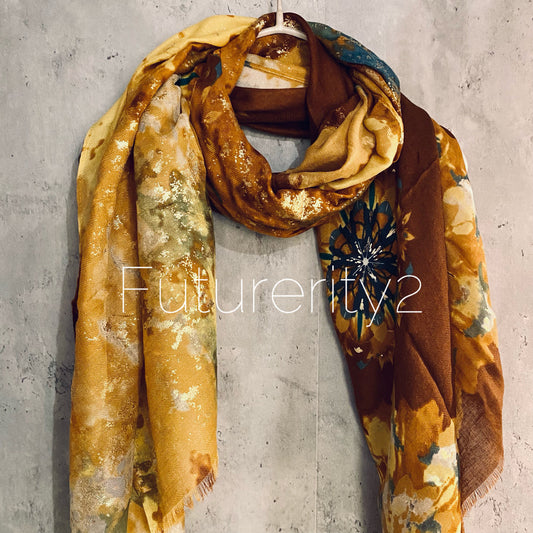 Watercolour Flower With Gold Metallic Accents Golden Brown Cotton Scarf/Summer Autumn Winter Scarf/Gift For Her Birthday Christmas/UK Seller