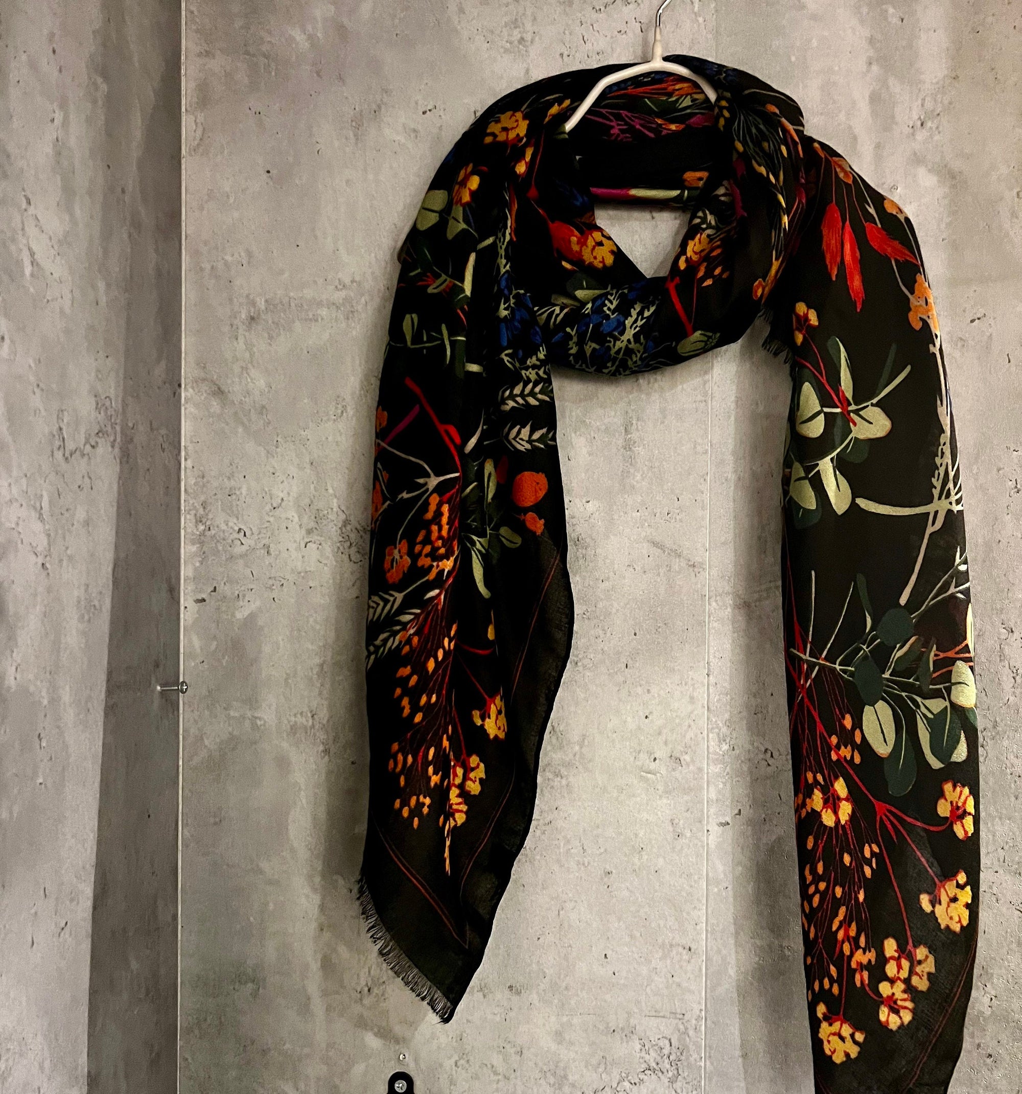 Multi Flowers Stem Black Cotton Blend Scarf