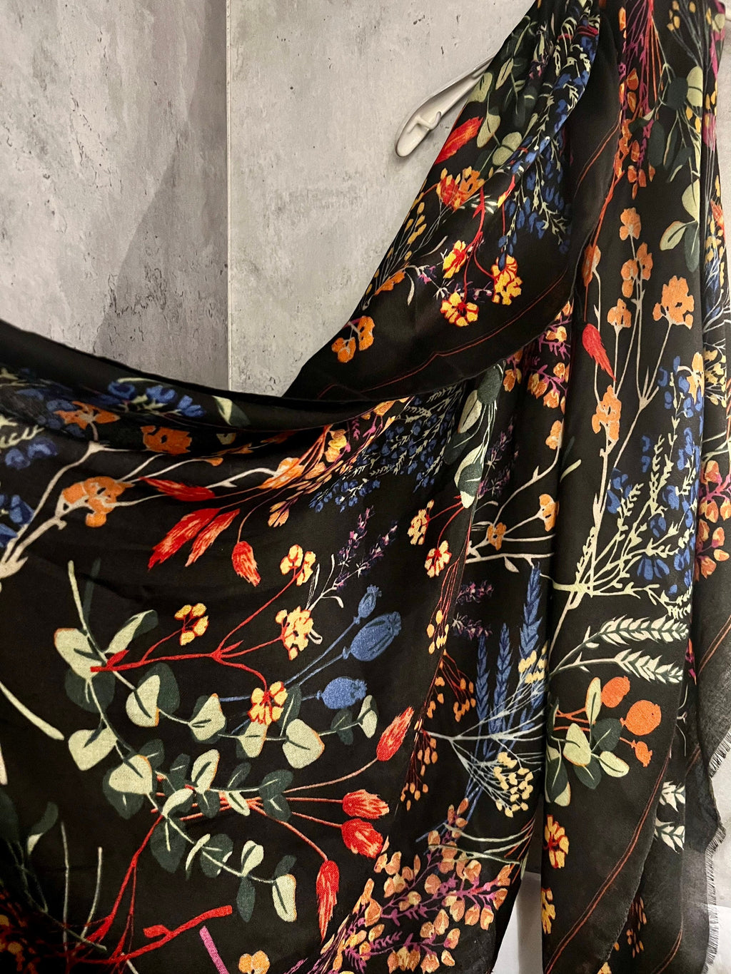 Multi Flowers Stem Black Cotton Blend Scarf