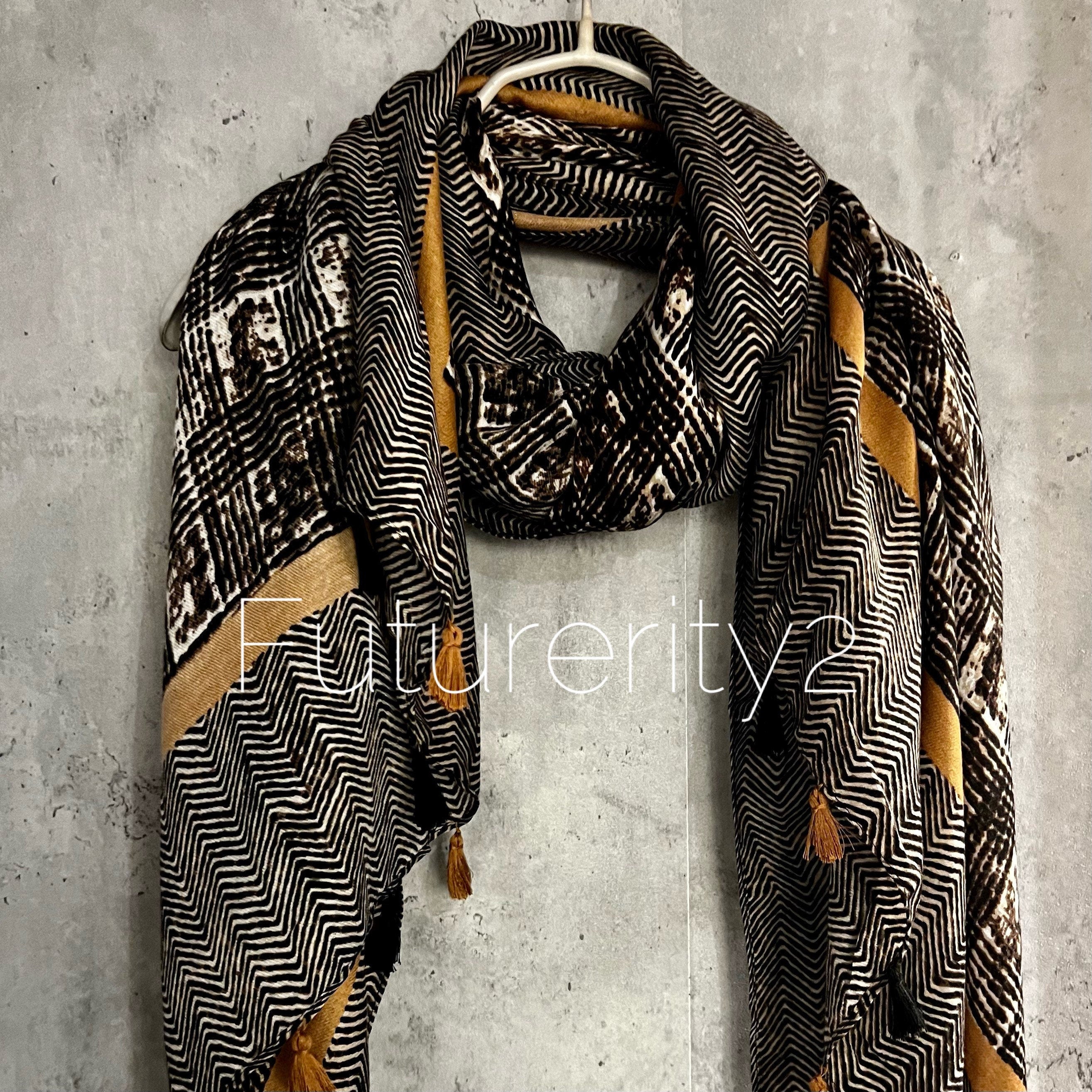 Tweed Pattern With Yellow Trim Tassels Black Cotton Scarf/Summer Autumn Winter Scarf/Gifts For Her Birthday Christmas/Gift For Mum/UK Seller