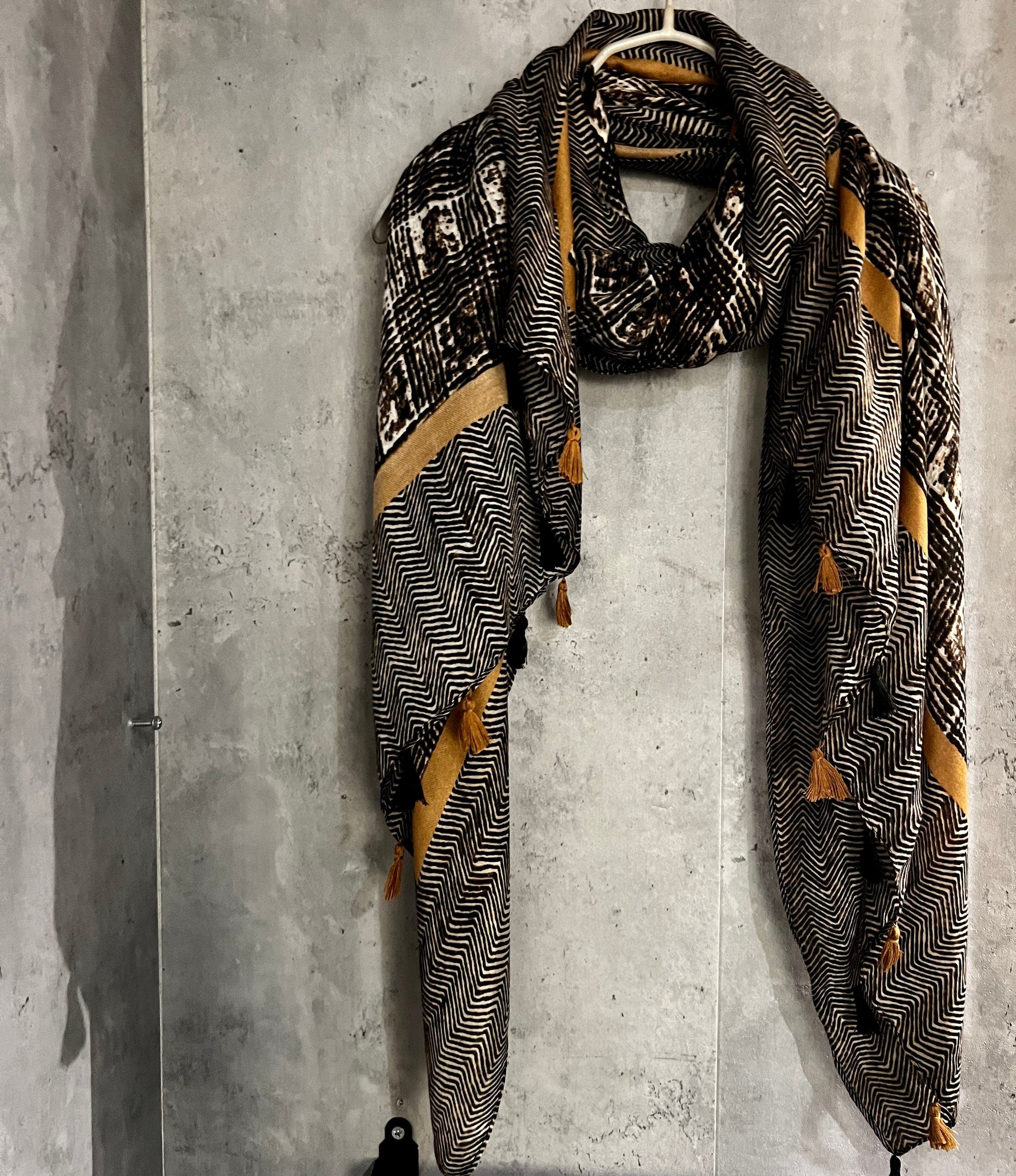 Tweed Pattern With Yellow Trim Tassels Black Cotton Scarf/Summer Autumn Winter Scarf/Gifts For Her Birthday Christmas/Gift For Mum/UK Seller