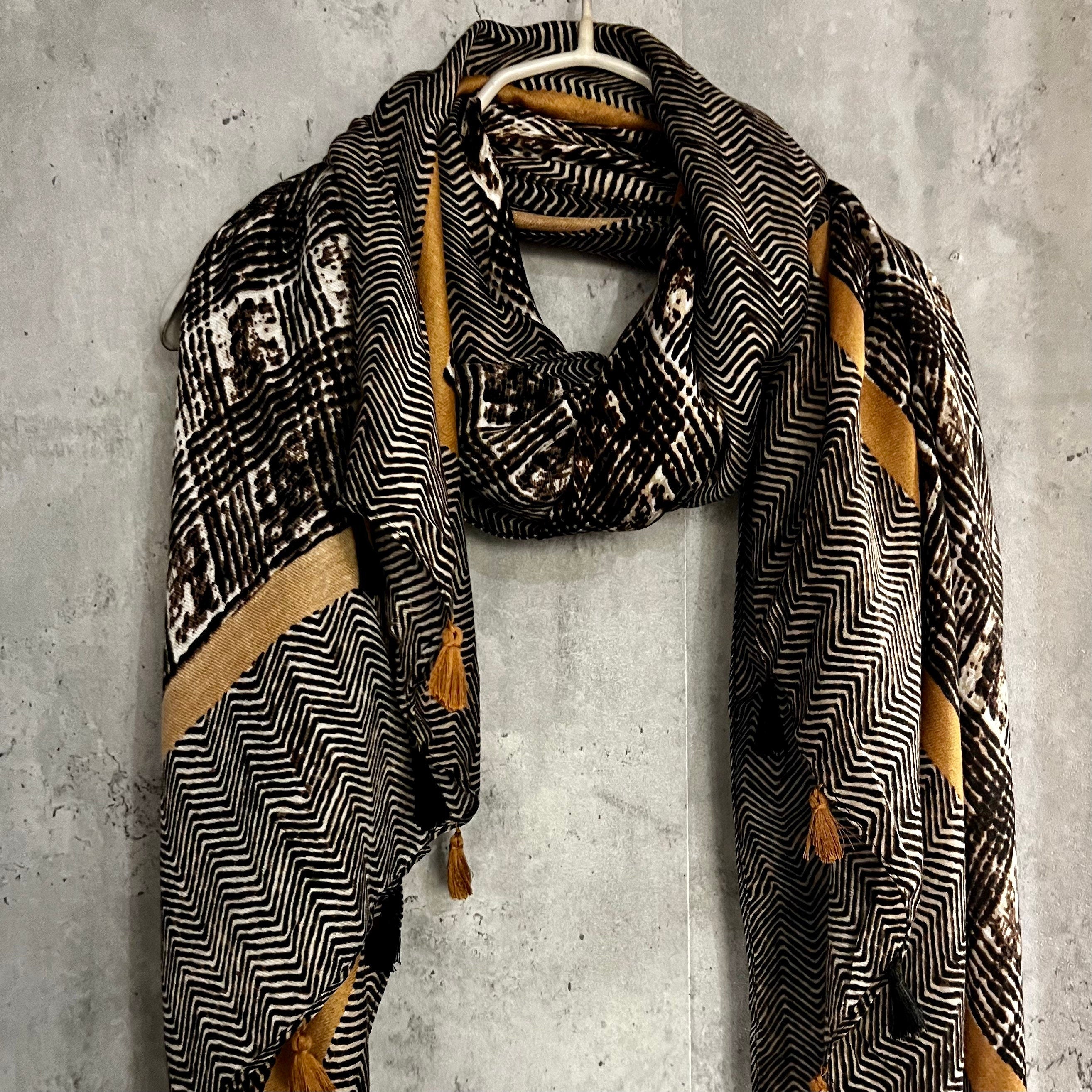 Tweed Pattern With Yellow Trim Tassels Black Cotton Scarf/Summer Autumn Winter Scarf/Gifts For Her Birthday Christmas/Gift For Mum/UK Seller