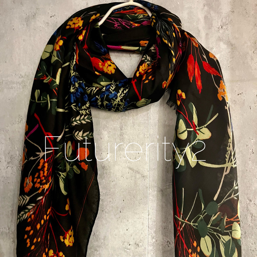 Multi Flowers Stem Black Cotton Blend Scarf