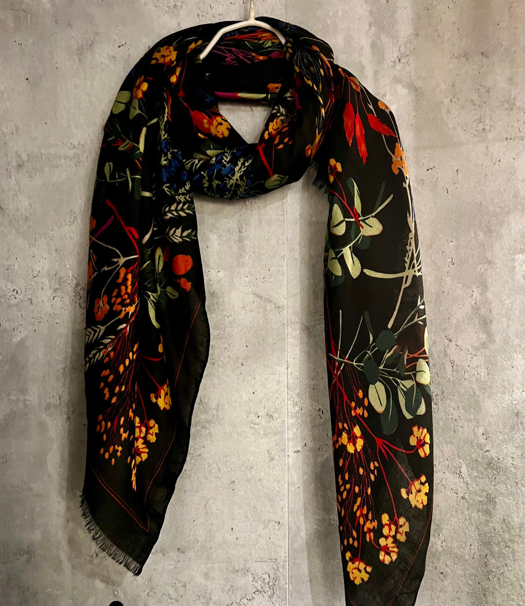 Multi Flowers Stem Black Cotton Blend Scarf