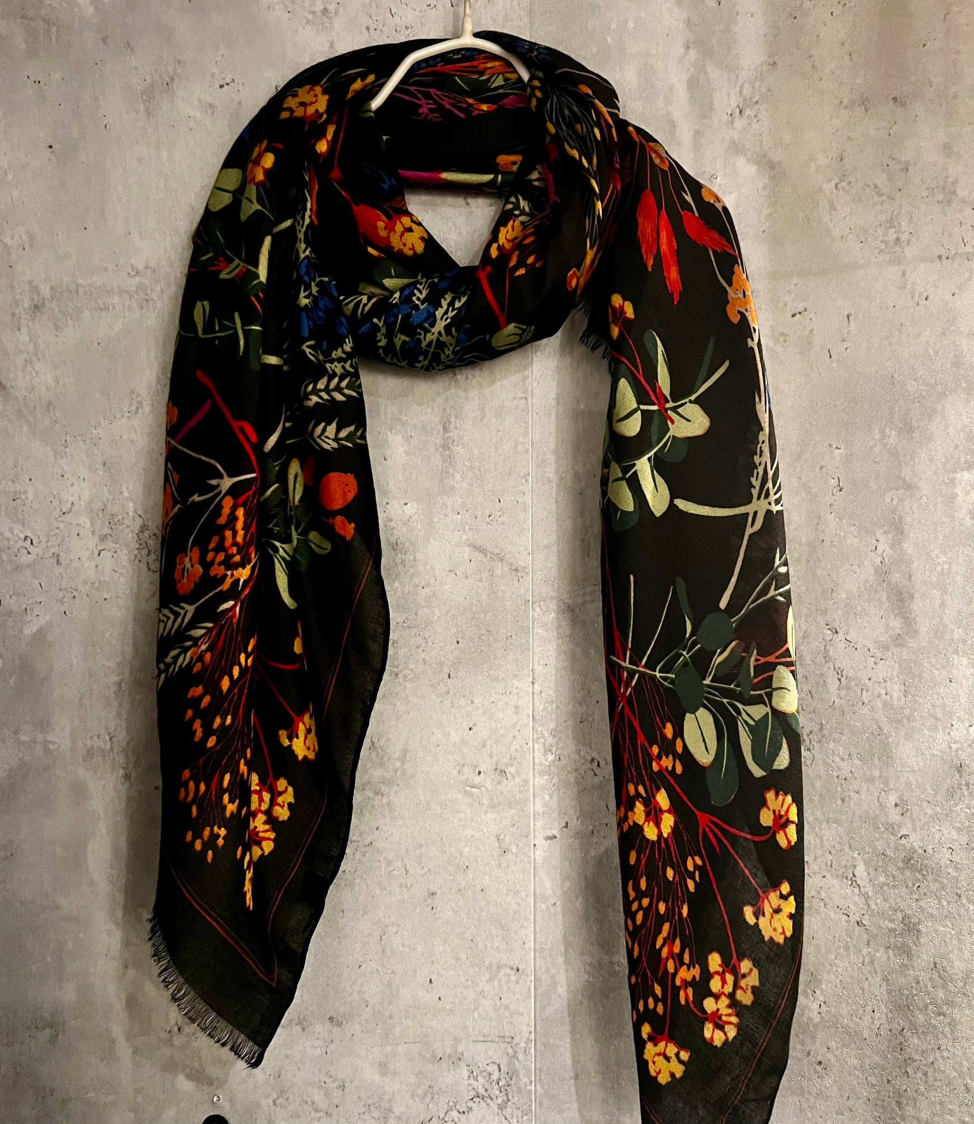 Multi Flowers Stem Black Cotton Blend Scarf