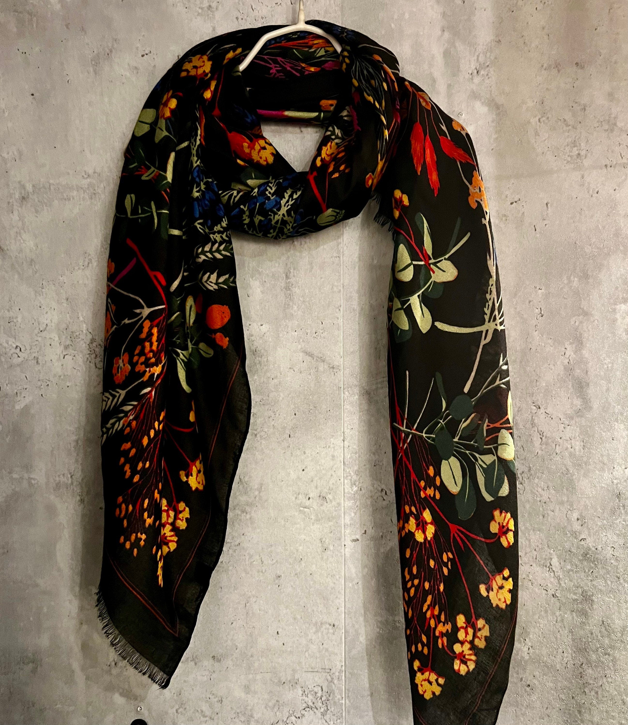 Multi Flowers Stem Black Cotton Blend Scarf
