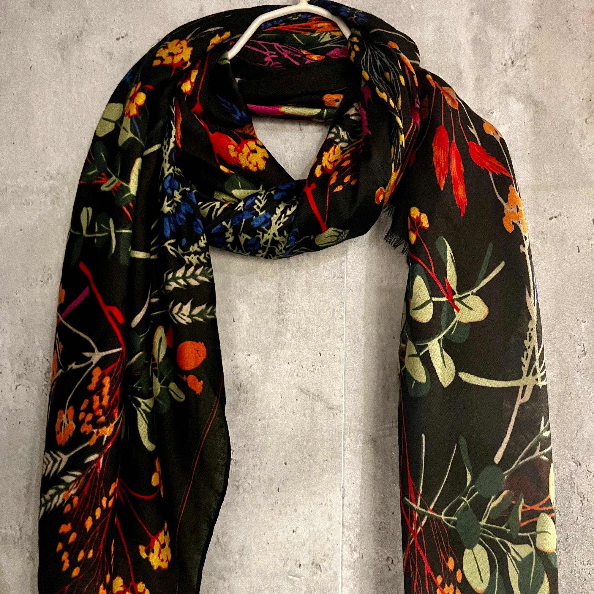 Multi Flowers Stem Black Cotton Blend Scarf