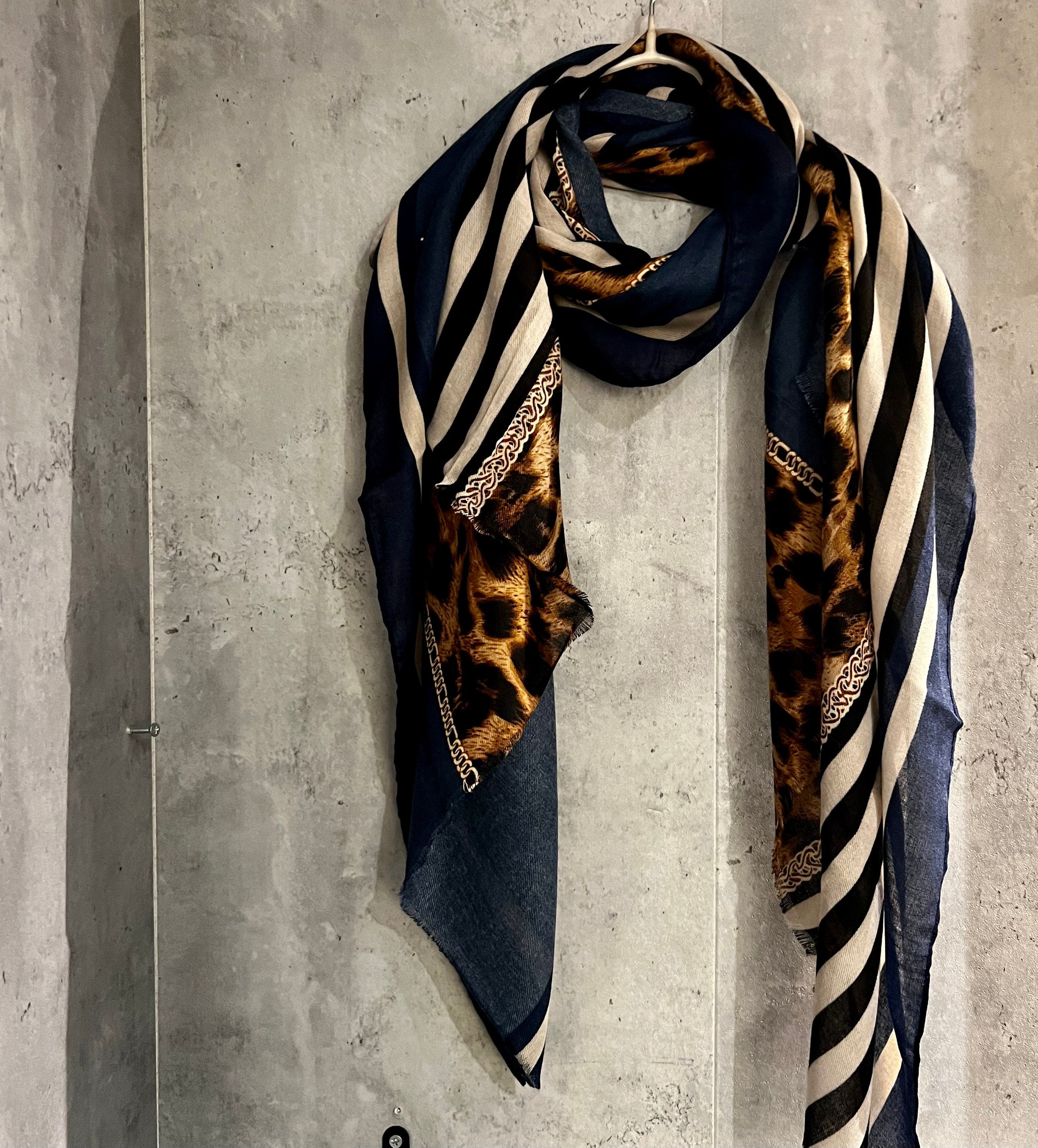 Leopard X Lines Pattern Beige Blue Cotton Scarf