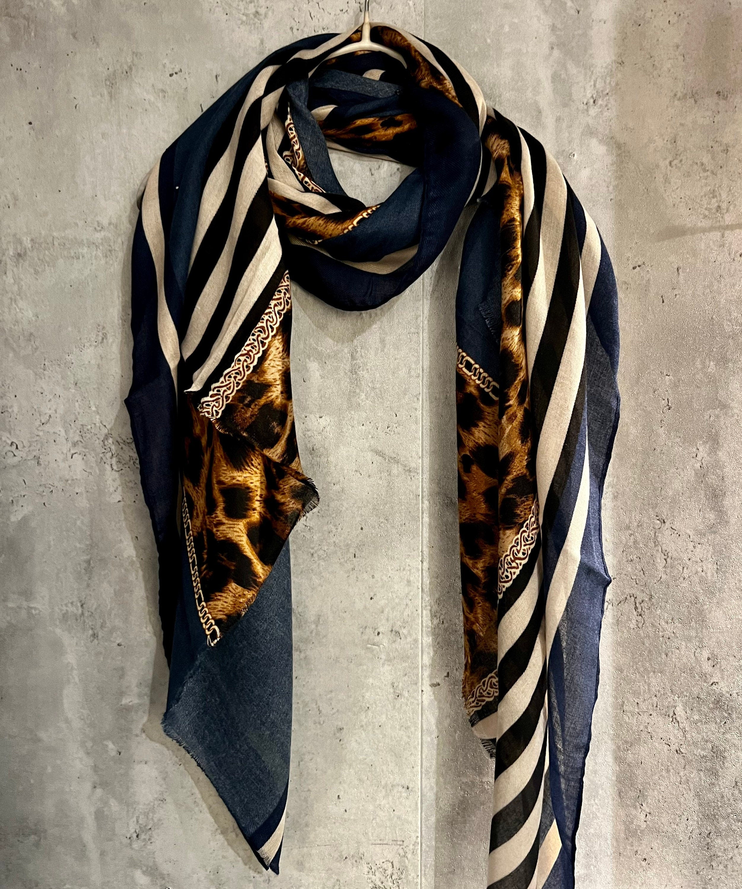 Leopard X Lines Pattern Beige Blue Cotton Scarf