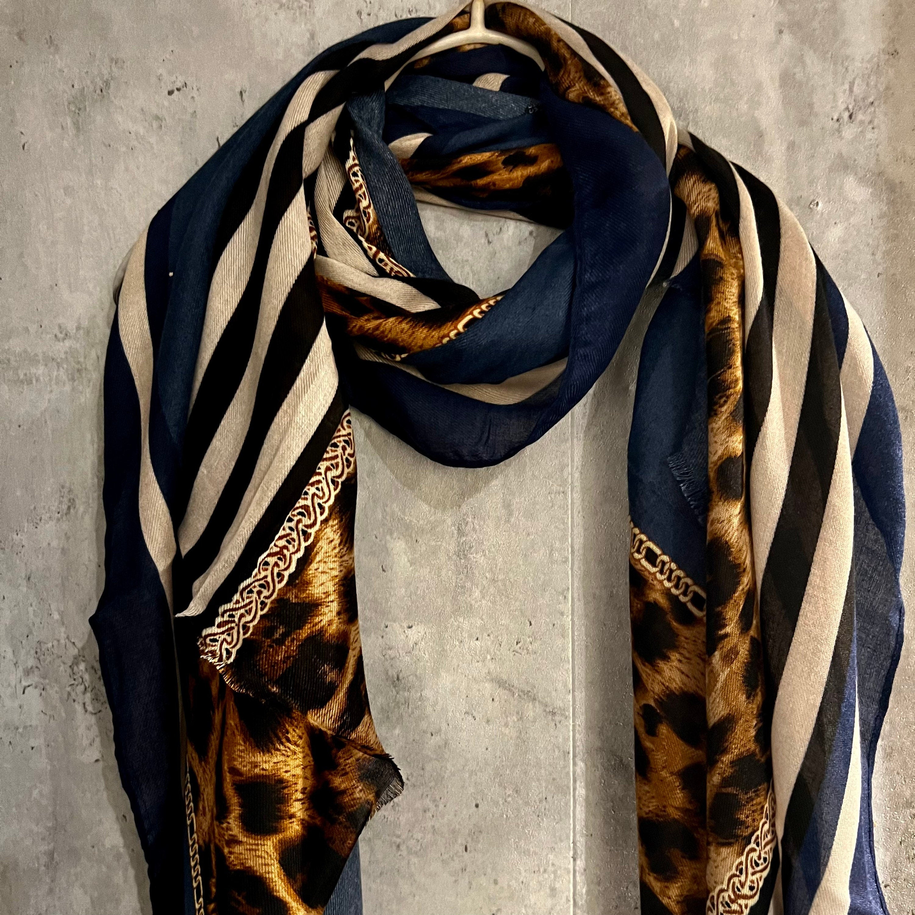Leopard X Lines Pattern Beige Blue Cotton Scarf