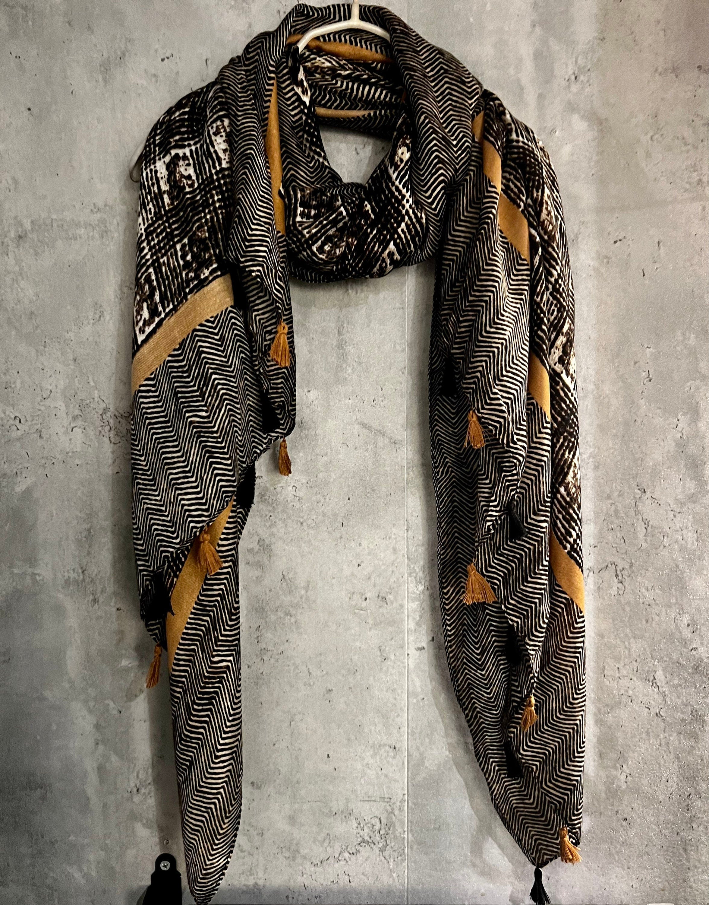 Tweed Pattern With Yellow Trim Tassels Black Cotton Scarf/Summer Autumn Winter Scarf/Gifts For Her Birthday Christmas/Gift For Mum/UK Seller