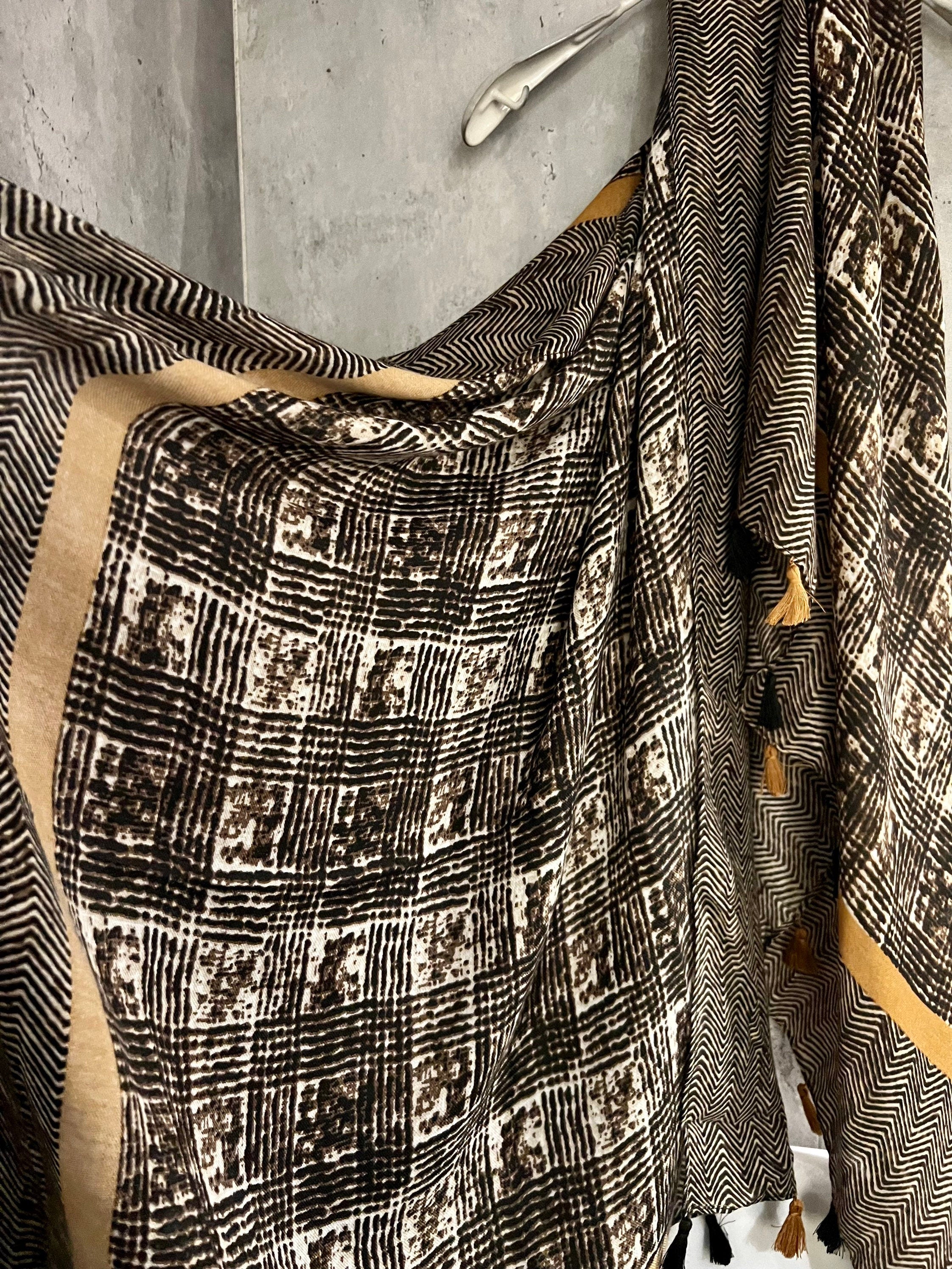 Tweed Pattern With Yellow Trim Tassels Black Cotton Scarf/Summer Autumn Winter Scarf/Gifts For Her Birthday Christmas/Gift For Mum/UK Seller