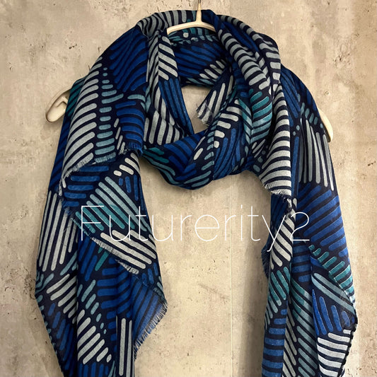 Symmetry Lines Pattern Blue Cotton Scarf/Summer Autumn Winter Scarf/Gifts For Her Birthday Christmas/Gifts For Mum/UK Seller