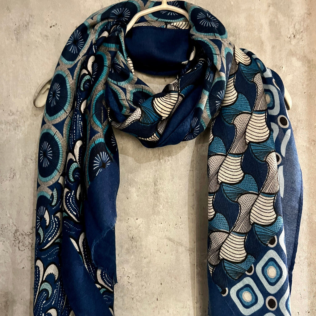 Retro Pattern Inspired Blue Cotton Scarf