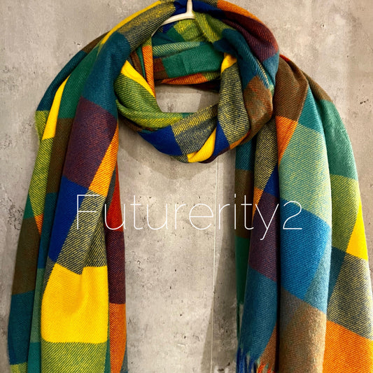 Checked Pattern Green Blue Yellow Cashmere Blend Scarf/Winter Autumn Scarf/Gifts For Mum/Gifts For Her/Scarf Women/Christmas Birthday Gift