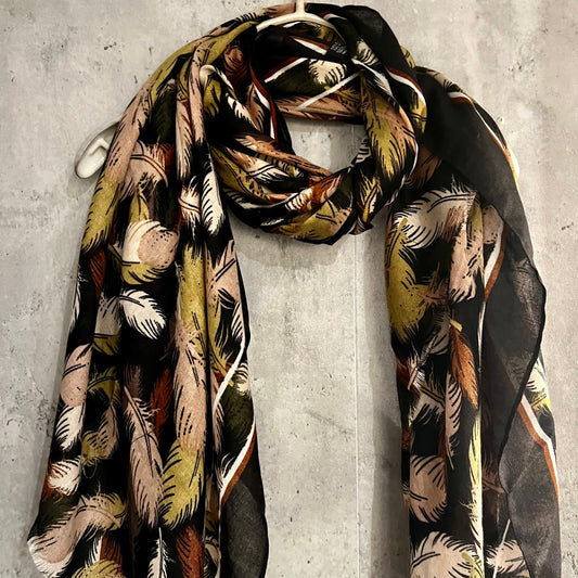 Black Cotton Scarf with Floating Beige Green Feathers – A Versatile and Elegant Gift for Her