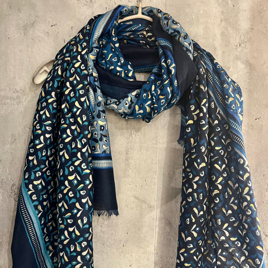 Blue Cotton Scarf with Water Drops Pattern and Gold Foil Accents – A Versatile and Elegant Gift for Her, Year-Round