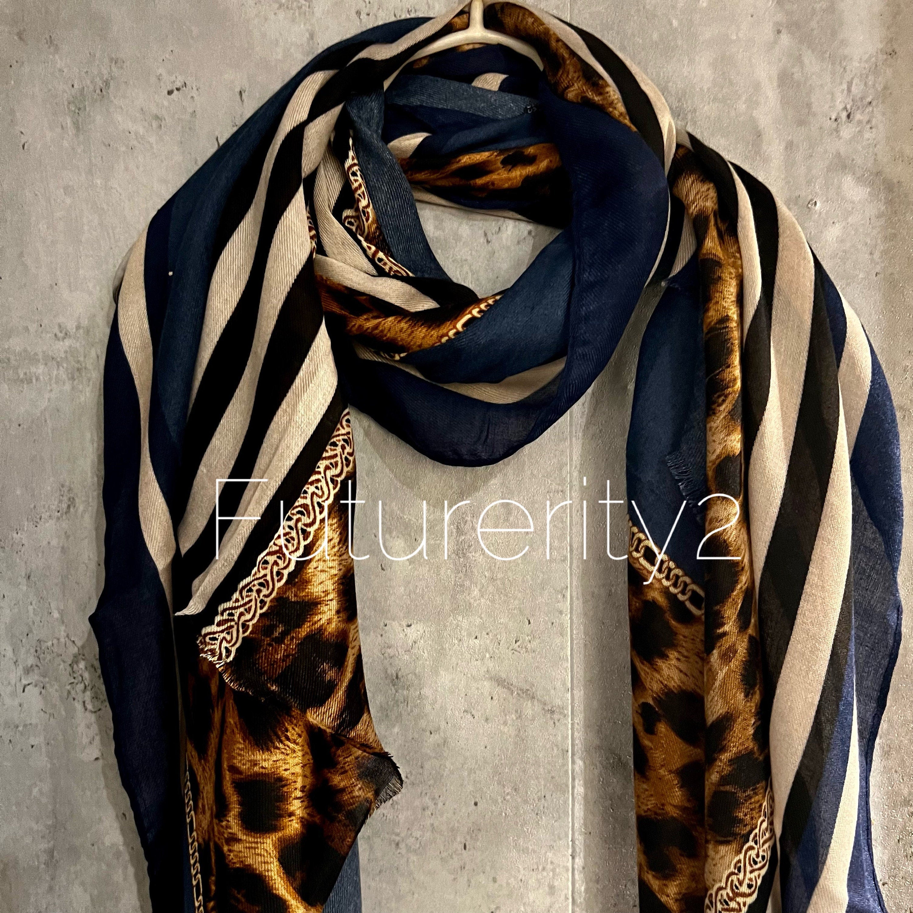 Leopard X Lines Pattern Beige Blue Cotton Scarf