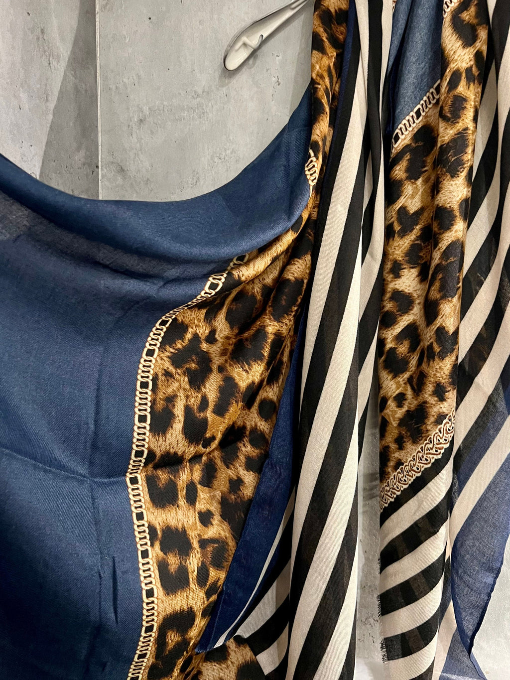 Leopard X Lines Pattern Beige Blue Cotton Scarf