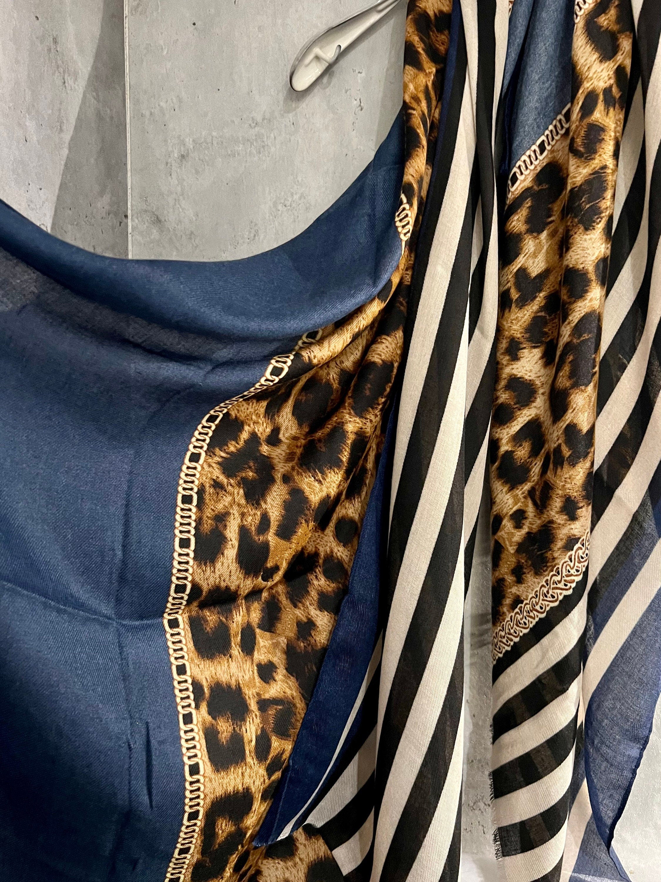 Leopard X Lines Pattern Beige Blue Cotton Scarf