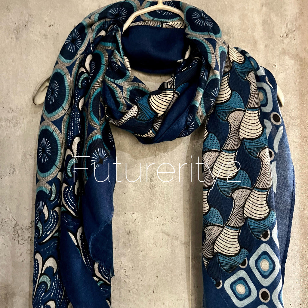 Retro Pattern Inspired Blue Cotton Scarf