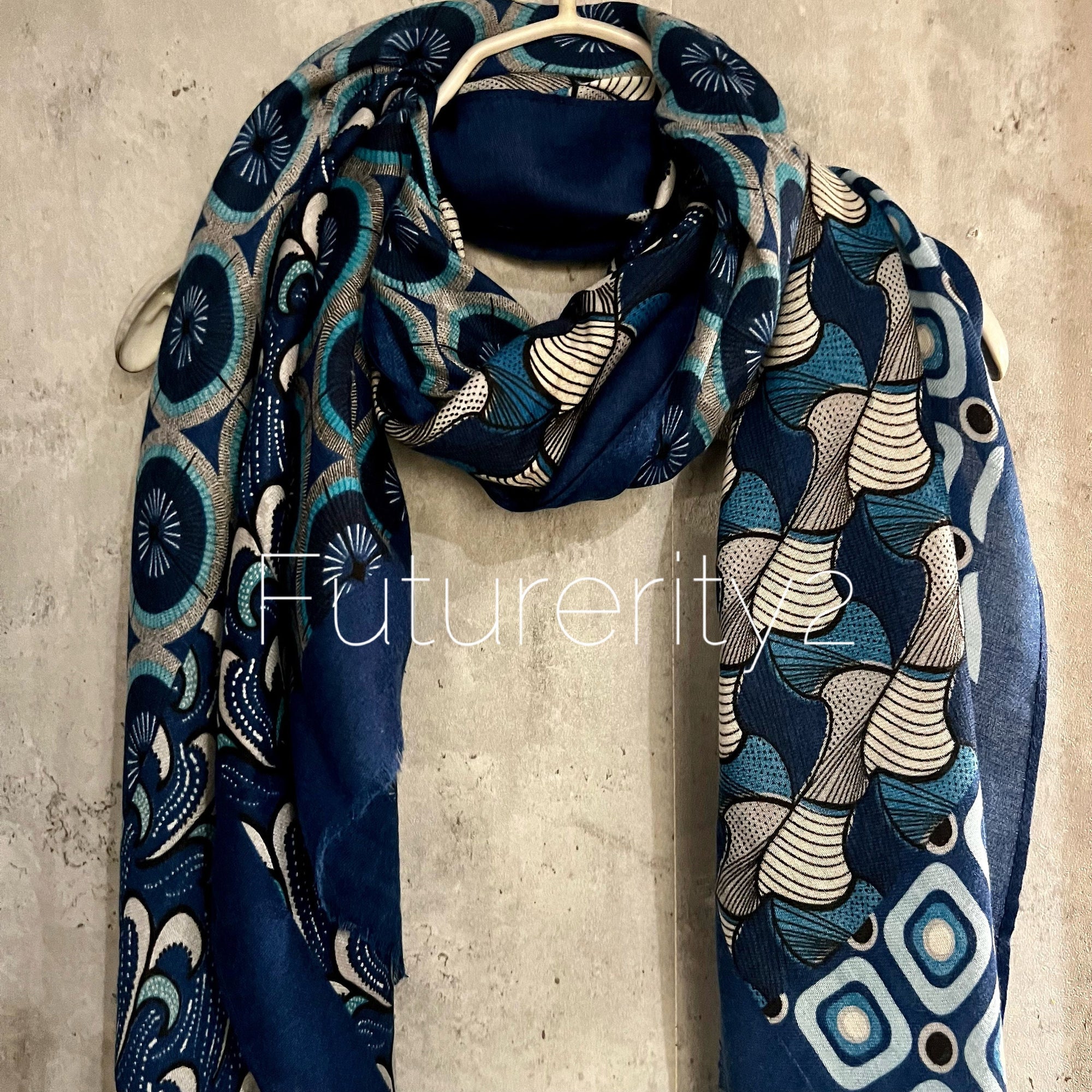 Retro Pattern Inspired Blue Cotton Scarf