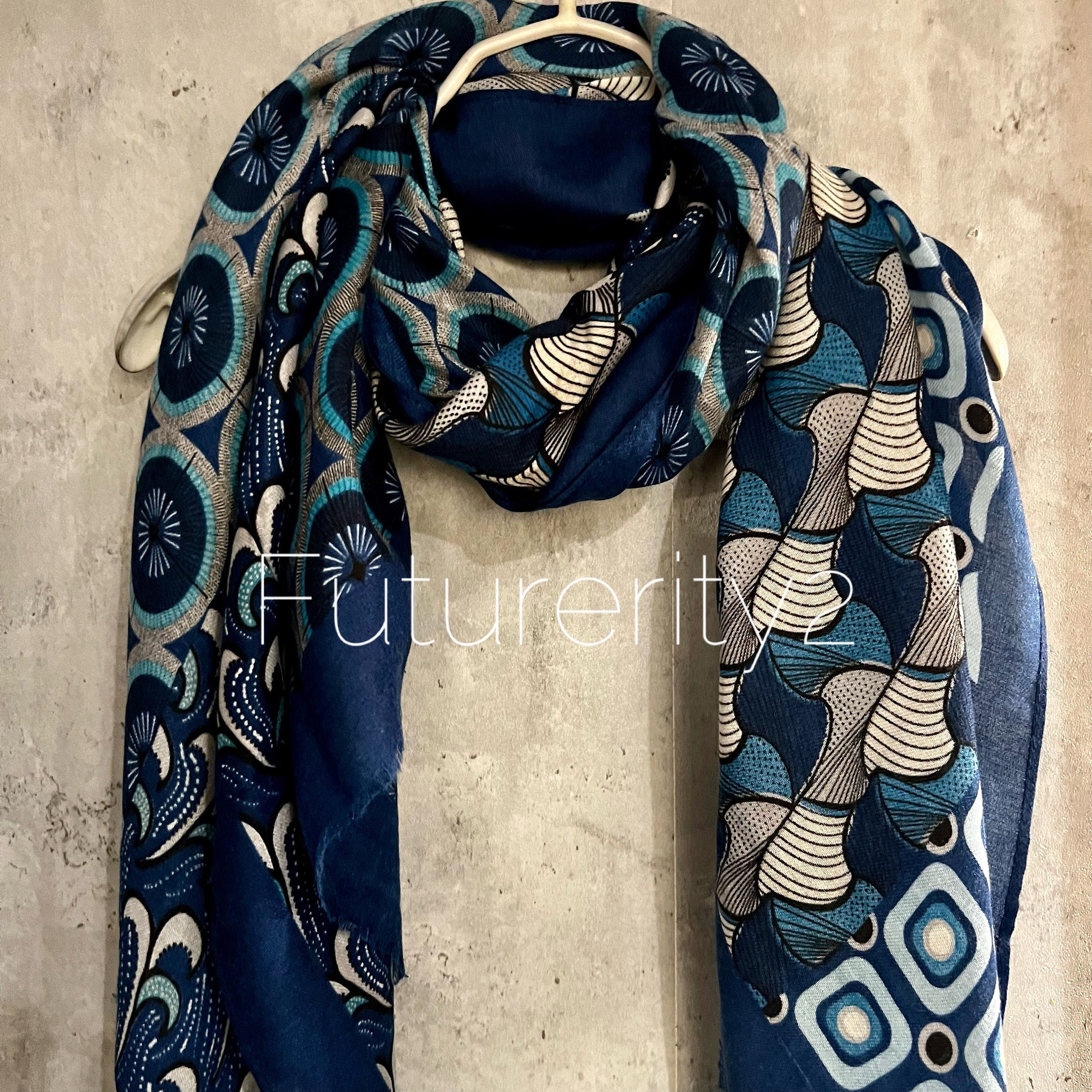 Retro Pattern Inspired Blue Cotton Scarf