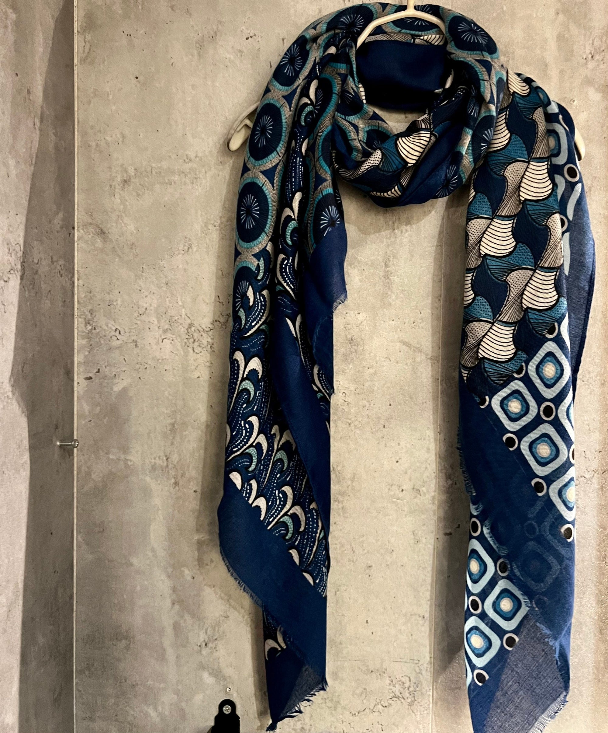 Retro Pattern Inspired Blue Cotton Scarf