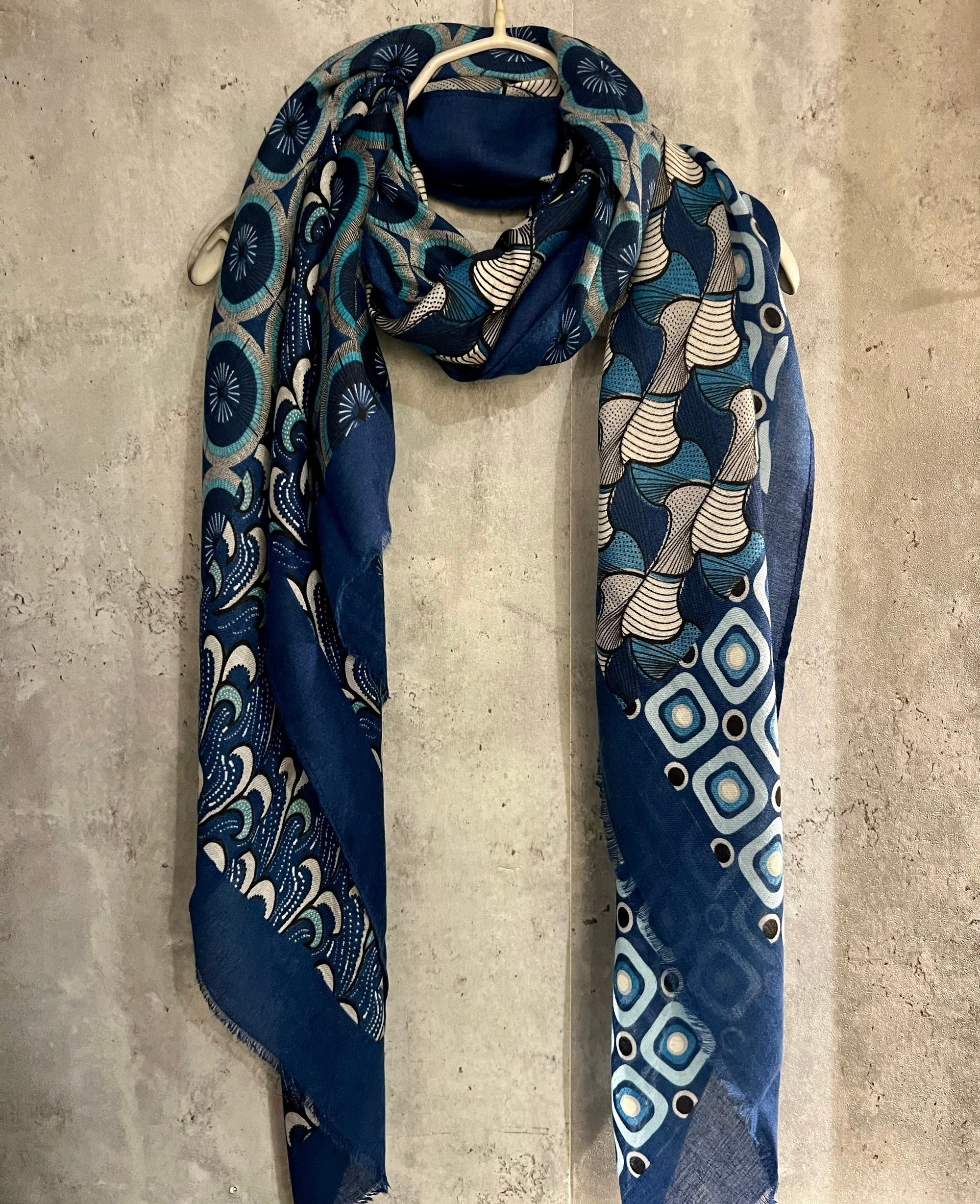 Retro Pattern Inspired Blue Cotton Scarf