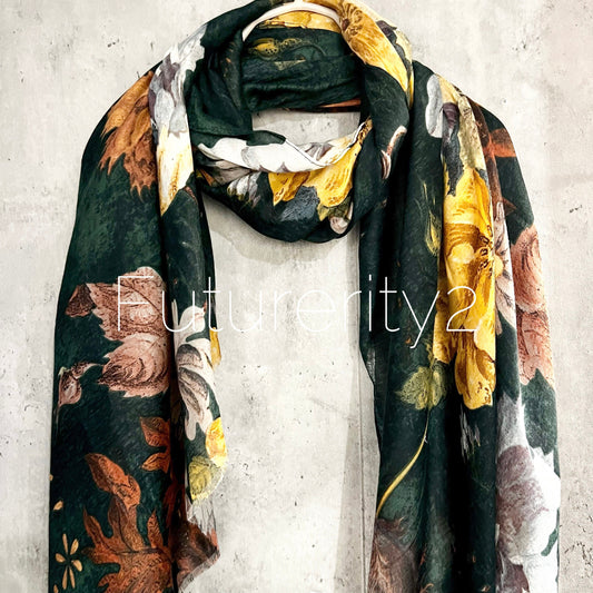 Vintage Peony Flowers Green  Cotton Scarf/Spring Summer Autumn Scarf/Gifts For Her/Scarf Women/Gifts For Mum/Christmas Gifts/Birthday Gifts