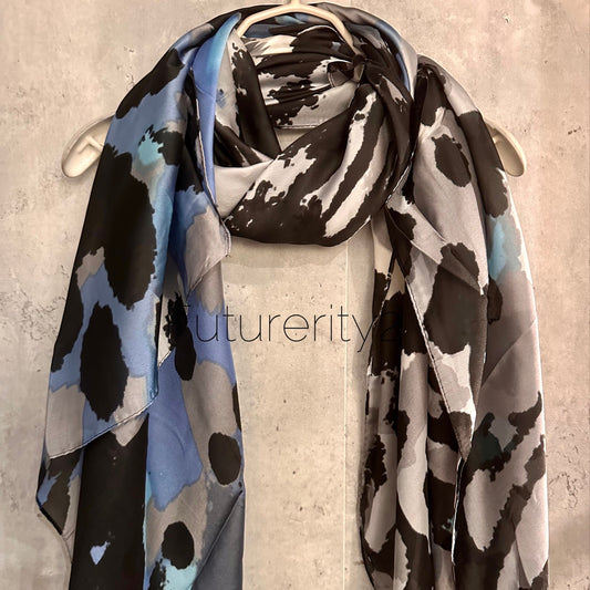 Blue Grey Silk Scarf with Artistic Splotches – A Stylish and Versatile Gift for Mom, Her, and All Celebrations