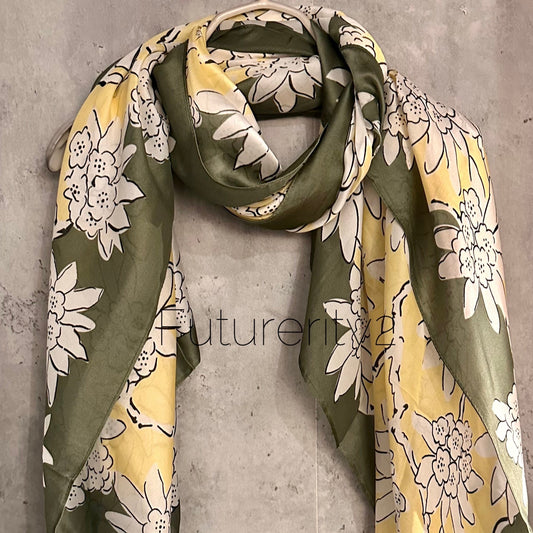 White Flowers Silk Blend Scarf/Green Yellow Scarf/Summer Autumn Scarf/Scarf Women/Gifts For Mom/Gifts For Her Birthday Christmas/UK Seller