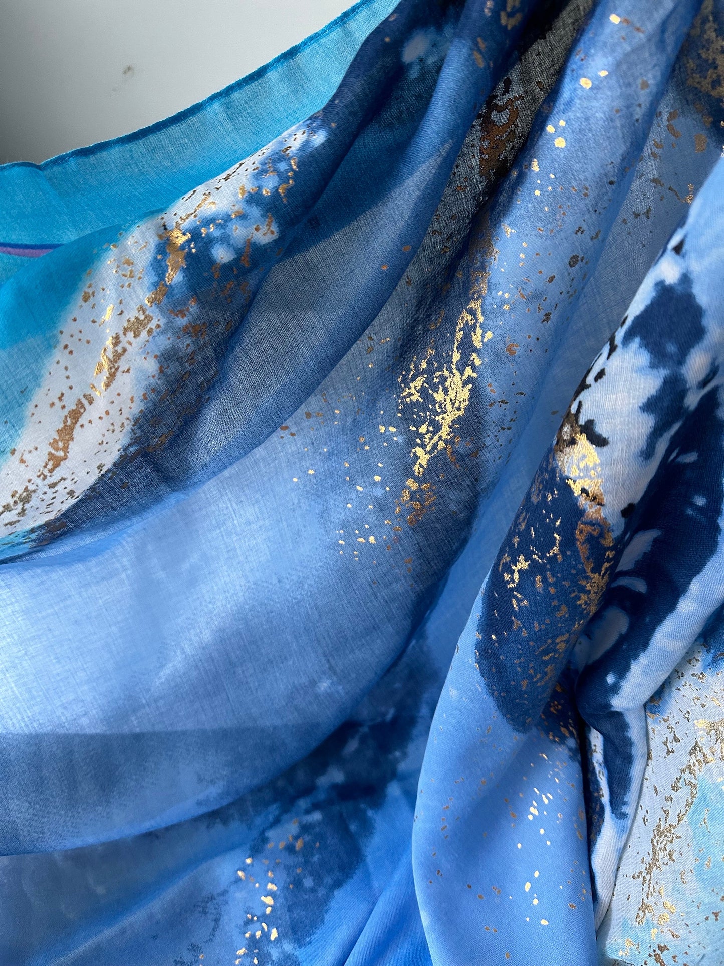 Gold Dusk Blue Cotton Blend Scarf with Watercolours Pattern – A Stylish Gift for Her, Anytime