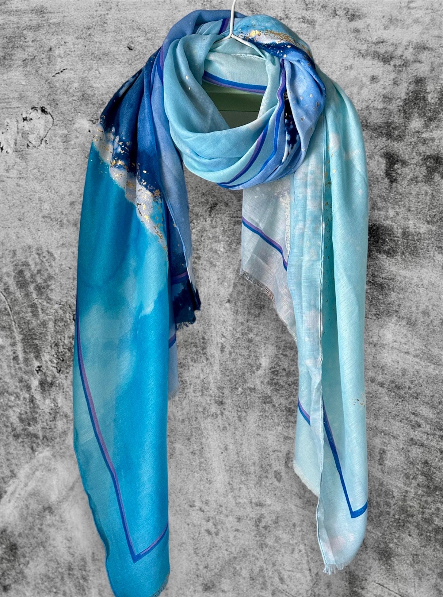 Gold Dusk Blue Cotton Blend Scarf with Watercolours Pattern – A Stylish Gift for Her, Anytime