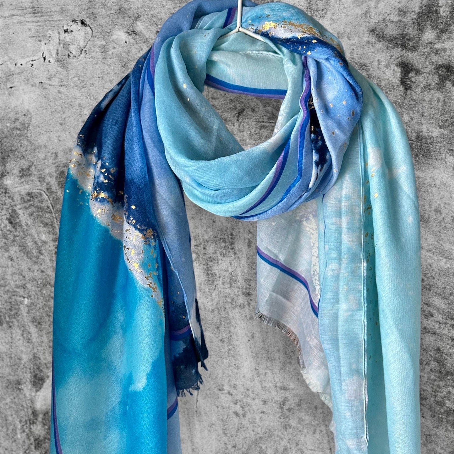 Gold Dusk Blue Cotton Blend Scarf with Watercolours Pattern – A Stylish Gift for Her, Anytime