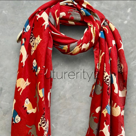 Cats Pattern Scarf in Red – Perfect for Gifting Year-Round