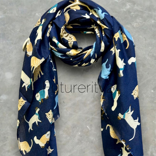 Cats Pattern Blue Scarf – Perfect for Gifting Year-Round