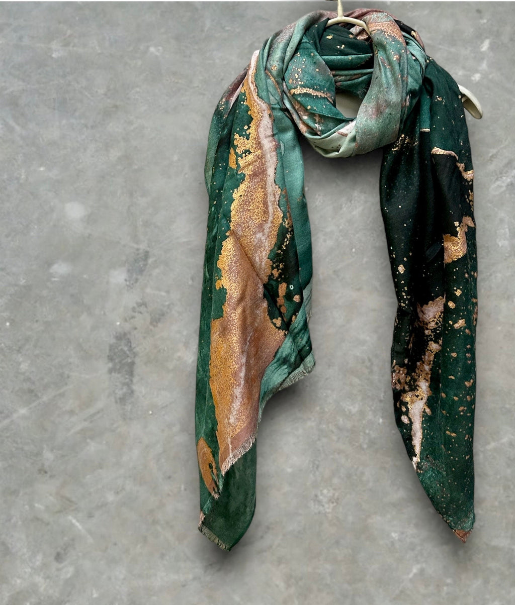 Abstract Pattern With Gold Accents Green Cotton Scarf