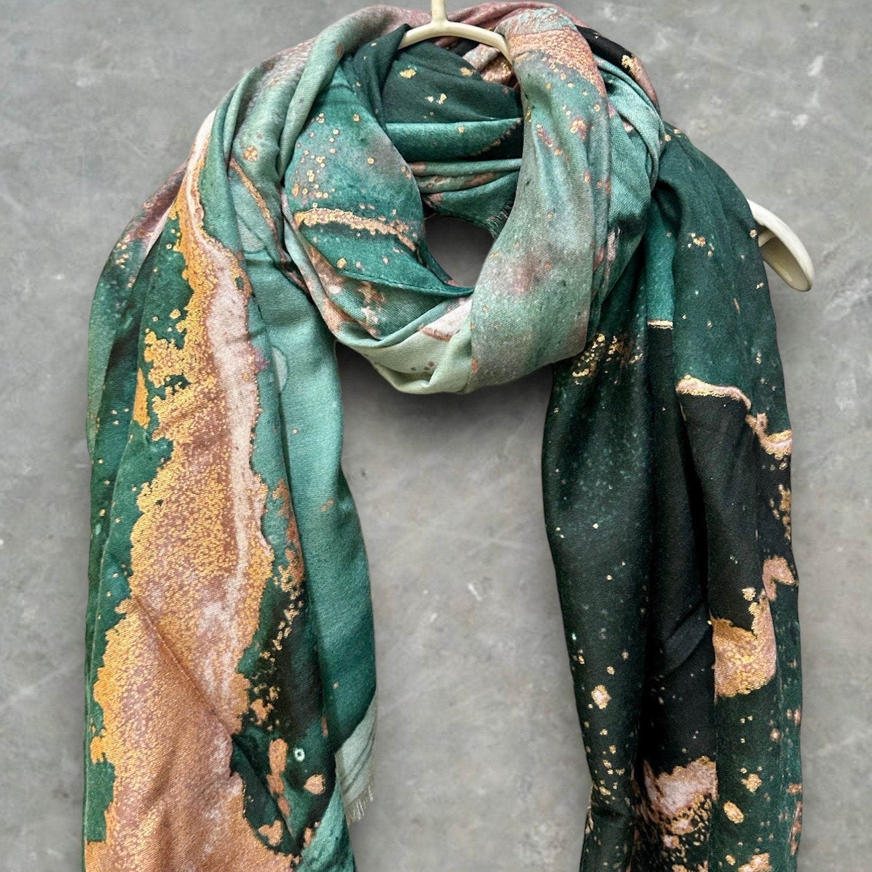 Abstract Pattern With Gold Accents Green Cotton Scarf