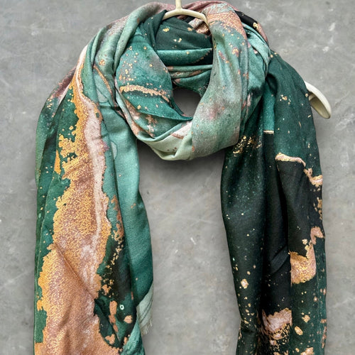 Abstract Pattern With Gold Accents Green Cotton Scarf