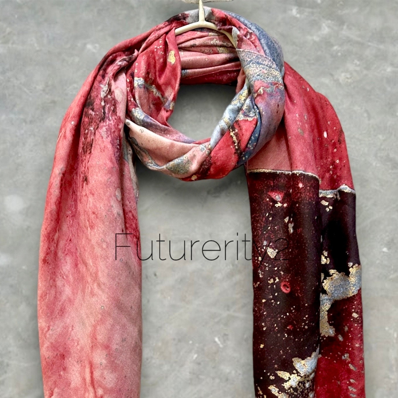 Red Cotton Scarf with Abstract Patterns and Gold Accents