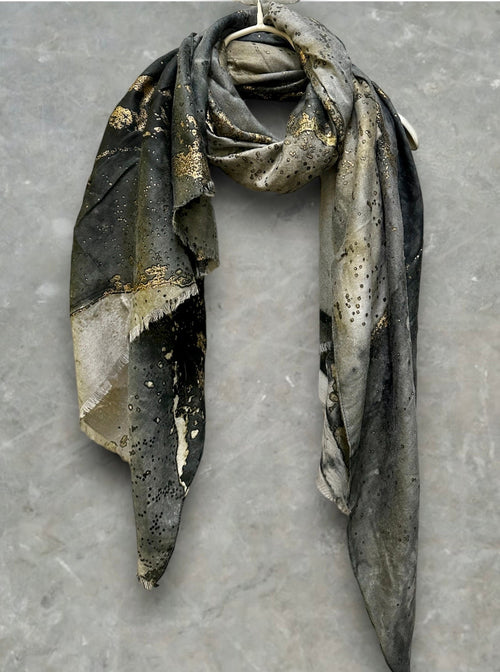 Abstract Pattern With Gold Accents Grey Cotton Scarf