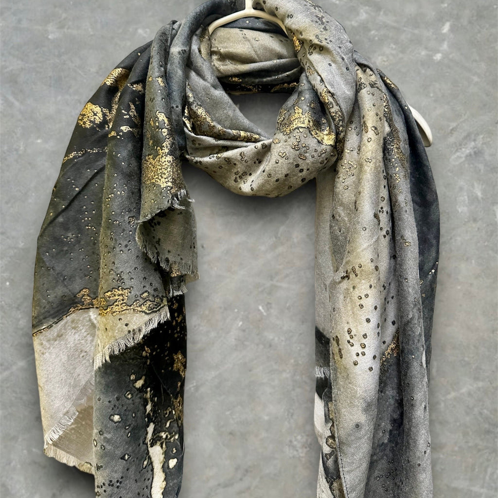 Abstract Pattern With Gold Accents Grey Cotton Scarf