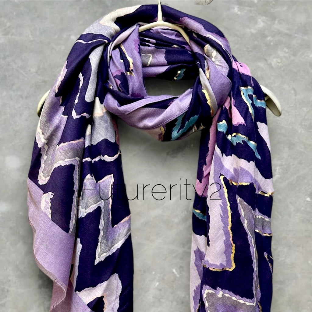 Purple Cotton Scarf with Zigzag Pattern and Gold Accents – A Versatile Gift for Her, Year-Round
